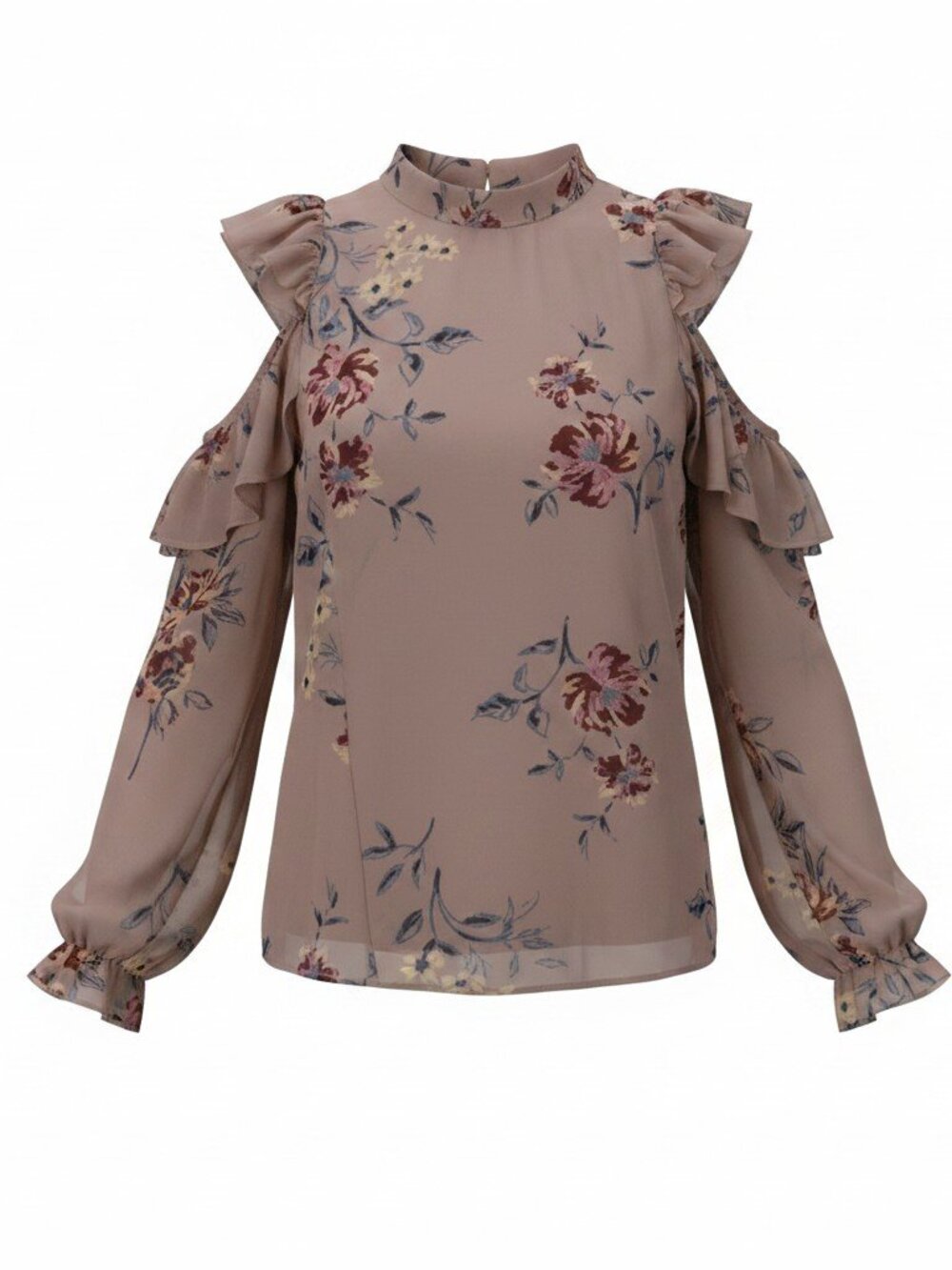 ASTR The Label Floral Cold Shoulder Blouse XS Mock Neck Sheer Long Sleeve